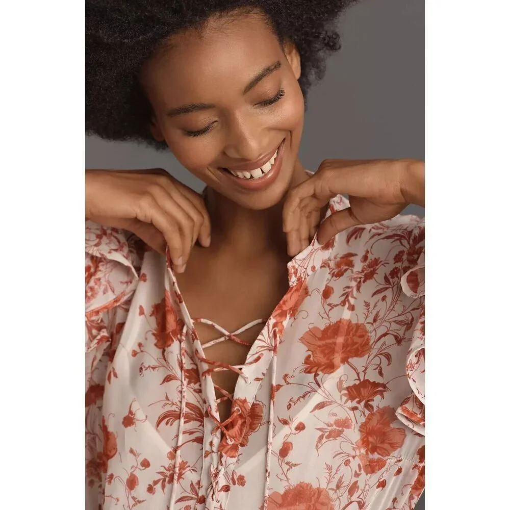 NWT Anthropologie Maeve Long-Sleeve Ruffled Sheer Blouse Top XXS Pink Floral